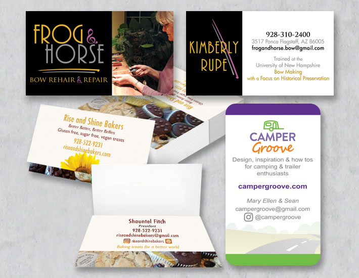 Frog & Horse, Rise and Shine Bakers, and CamperGroove's Business cards in a collage