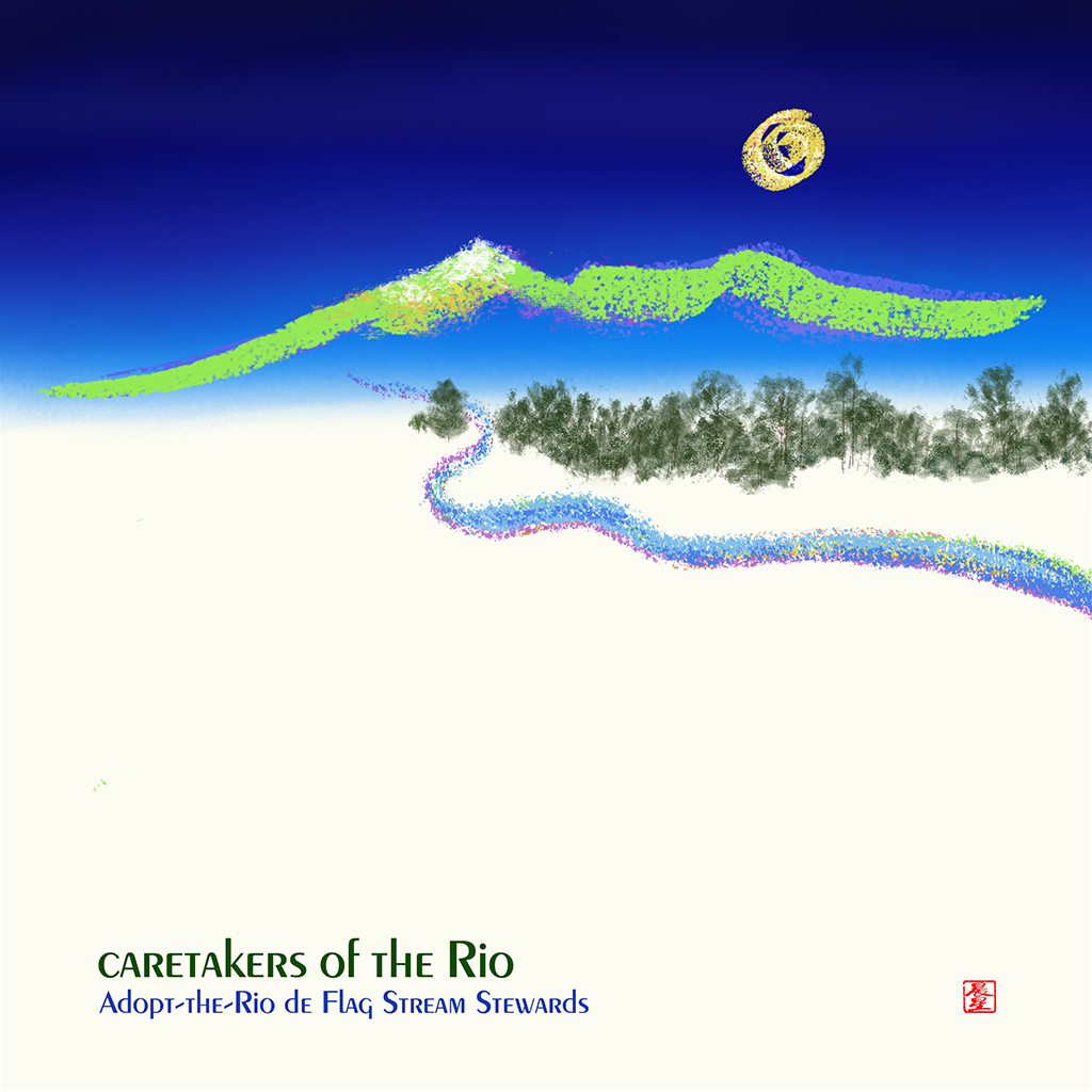 tmsr's entry for the Rio de Flag stream stewards sign contest – an abstract of the San Francisco Peaks, the Rio de Flag running from the mountain source, and the Ponderosa Pine Tree horizon along the trail. Slogan "Caretakers of the Rio"